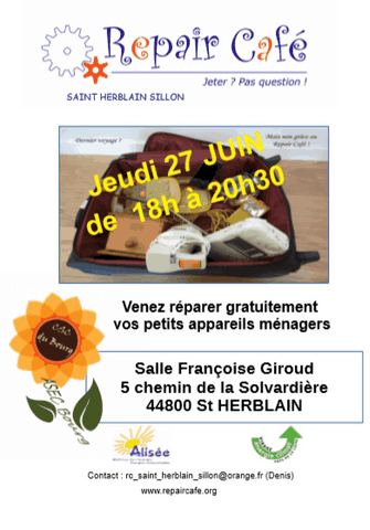 REPAIR CAFE St Herblain-Sillon Salle Françoise Giroud à st Herblain 26 Sept 18h à 20h30
